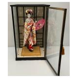 Vintage Oriental geisha Doll 17" With Glass And Wood Display Case (Has One Broken Glass Panel)