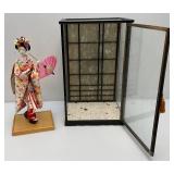 Vintage Oriental geisha Doll 17" With Glass And Wood Display Case (Has One Broken Glass Panel)