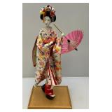 Vintage Oriental geisha Doll 17" With Glass And Wood Display Case (Has One Broken Glass Panel)