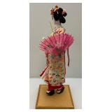 Vintage Oriental geisha Doll 17" With Glass And Wood Display Case (Has One Broken Glass Panel)
