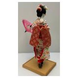 Vintage Oriental geisha Doll 17" With Glass And Wood Display Case (Has One Broken Glass Panel)