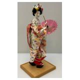 Vintage Oriental geisha Doll 17" With Glass And Wood Display Case (Has One Broken Glass Panel)