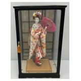 Vintage Oriental geisha Doll 17" With Glass And Wood Display Case (Has One Broken Glass Panel)