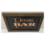 Vintage Mid Century Private Bar Glass And Foil Art Sign Framed 12 1/2" x 18 1/2"