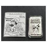 Walt Disney Steamboat Willie 1 oz Silver Bar With COA