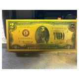 Gold-Toned Novelty $2 Bill Featuring 1976 Design with Serial Number B99999999A