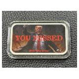 Trump Theme 1oz .999 Silver Bar - "You Missed"
