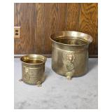 Vintage Hammered Brass Lions Head Jardinière Planters Pair Vintage Hammered Brass Lions Head Jardinière Planters Pair