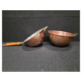 Copper pot and strainer with brass handles