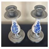 Pair of Vintage Blue and White Ceramic Candle Holders