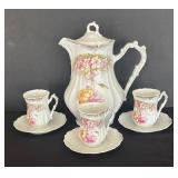 Fancy Vintage Coffee / Teapot with Three Cups and Saucers