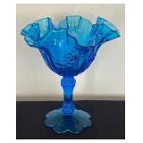 Vintage Fenton Colonial Blue Cabbage Rose Compote