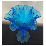 Vintage Fenton Colonial Blue Cabbage Rose Compote