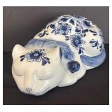 Blue and White Sleeping Cat Decor with Hand Painted Design