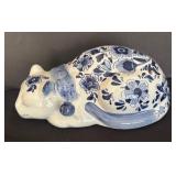 Blue and White Sleeping Cat Decor with Hand Painted Design