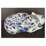 Blue and White Sleeping Cat Decor with Hand Painted Design