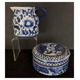 Beautiful Blue and White Creamer Pitcher and Trinket Dish