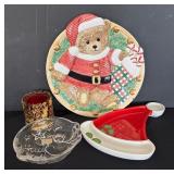 Mikasa Dish, Festive Lotus Plate, Department 56 Santa Hat Dish and Golden Candle Holder