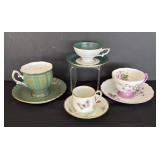 Fancy Teacups and Demitasse Teacups with Saucers by Crown Staffordshire, Limoges of France, Eschenbach and Rosina