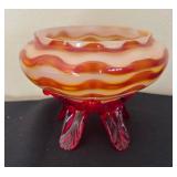 Hand Blown Art Glass Vase with Wavy Pattern in Yellow and Orange with Clear Glass Feet