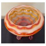 Hand Blown Art Glass Vase with Wavy Pattern in Yellow and Orange with Clear Glass Feet