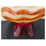 Hand Blown Art Glass Vase with Wavy Pattern in Yellow and Orange with Clear Glass Feet