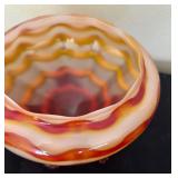Hand Blown Art Glass Vase with Wavy Pattern in Yellow and Orange with Clear Glass Feet