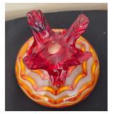 Hand Blown Art Glass Vase with Wavy Pattern in Yellow and Orange with Clear Glass Feet