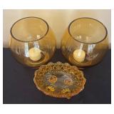 Fenton Amber Glass Daisy and Button Dish with Two Amber Glass Candle Holders