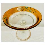 Pretty Petite Hand Painted Footed Dish / Vintage Hand Painted Glass Compote