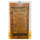 Plaque Reproduction Colonial "Bill of Fare" or Menu from Victualling and Lodging