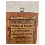 Plaque Reproduction Colonial "Bill of Fare" or Menu from Victualling and Lodging