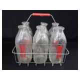 VINTAGE METAL  MILK CARRIER WITH 6 GLASS MILK BOTTLES VINTAGE METAL  MILK CARRIER WITH 6 GLASS MILK BOTTLES