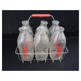 VINTAGE METAL  MILK CARRIER WITH 6 GLASS MILK BOTTLES VINTAGE METAL  MILK CARRIER WITH 6 GLASS MILK BOTTLES
