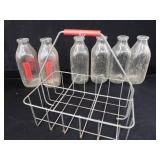 VINTAGE METAL  MILK CARRIER WITH 6 GLASS MILK BOTTLES VINTAGE METAL  MILK CARRIER WITH 6 GLASS MILK BOTTLES