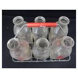 VINTAGE METAL  MILK CARRIER WITH 6 GLASS MILK BOTTLES VINTAGE METAL  MILK CARRIER WITH 6 GLASS MILK BOTTLES