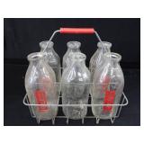 VINTAGE METAL  MILK CARRIER WITH 6 GLASS MILK BOTTLES VINTAGE METAL  MILK CARRIER WITH 6 GLASS MILK BOTTLES