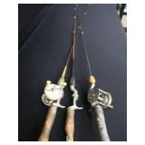 3 VINTAGE FISHING RODS AND REELS 3 VINTAGE FISHING RODS AND REELS