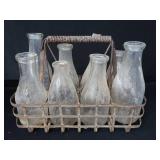SOLID METAL VINTAGE MILK CARRIER WITH BOTTLES SOLID METAL VINTAGE MILK CARRIER WITH BOTTLES