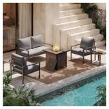 AURA OUTDOOR 6-Piece Metal Fire Pit Patio Conversation Set Outdoor Furniture Set with 28 in. Square Propane Fire Pit Table, Beige     Customer Returns See Pictures AURA OUTDOOR 6-Piece Metal Fire Pit Patio Conversation Set Outdoor Furniture Set with 28 in. Square Propane Fire Pit Table, Beige     Customer Returns See Pictures