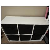 6-Cube White Storage Organizer with Black Fabric Bins and Bicycle Wall Art