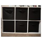 6-Cube White Storage Organizer with Black Fabric Bins and Bicycle Wall Art