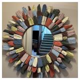 Round Mirror with Multicolor Distressed Wood Sunburst Frame