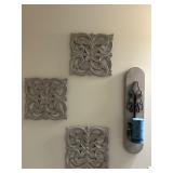 Set of 3 Ornate Wall Plaques with Metal Candle Sconce and Blue Candle