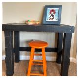 Black Wooden Desk, Orange Stool, Books and Framed Bulldog Artwork Set