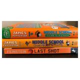 Black Wooden Desk, Orange Stool, Books and Framed Bulldog Artwork Set