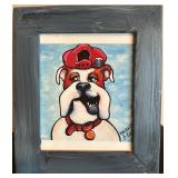 Black Wooden Desk, Orange Stool, Books and Framed Bulldog Artwork Set