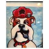 Black Wooden Desk, Orange Stool, Books and Framed Bulldog Artwork Set