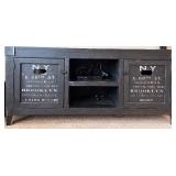 Industrial Style Black Wood TV Console with NY Print and Storage