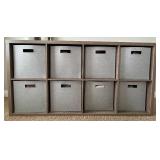 8-Cube Wood Storage Organizer Shelf with Gray Fabric Bins